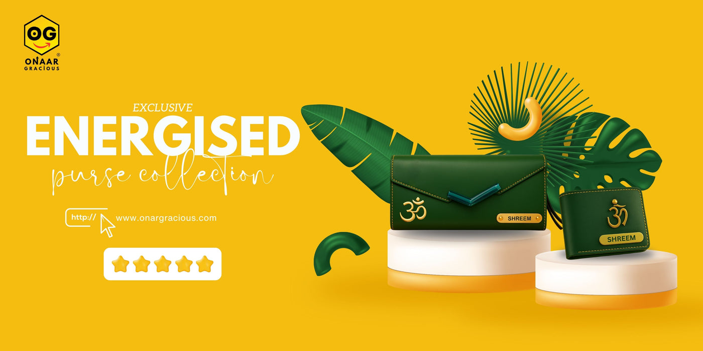 Green purse with leaf designs on a yellow background, featuring the 'Energised' collection by Oraar.